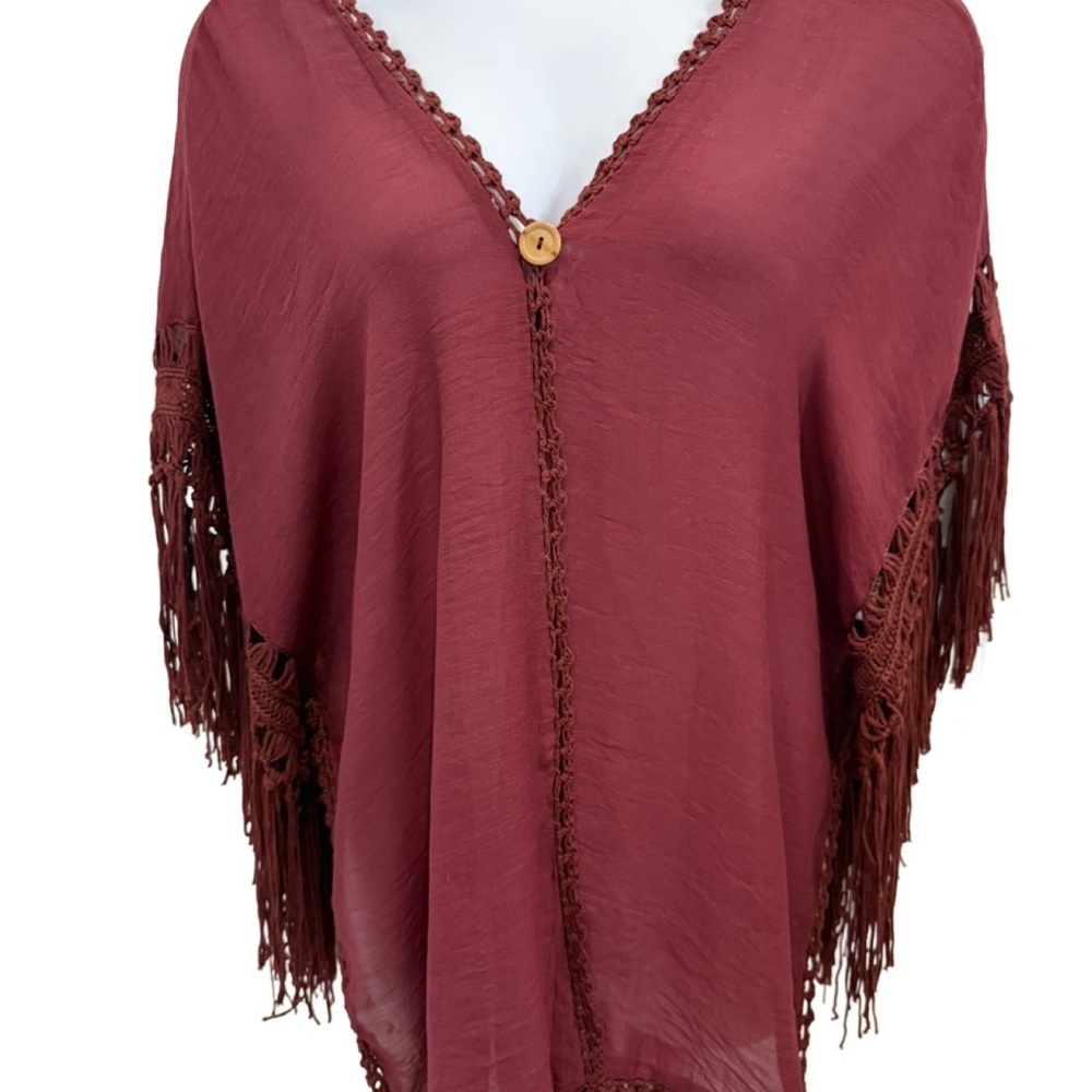 Burgundy Poncho with Fringe, Medium